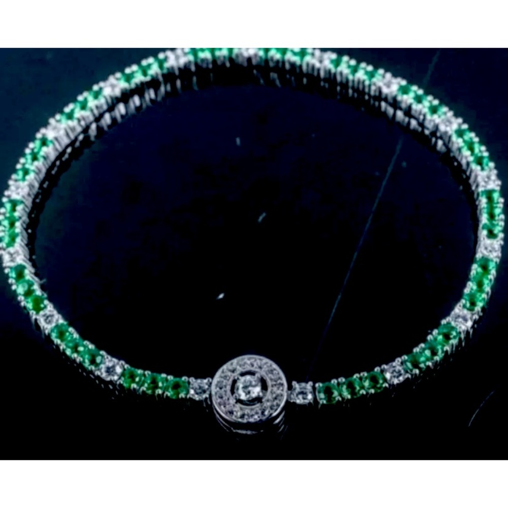 925 Sterling Silver Bracelet w/ Fancy Clasp, Green Emeralds & Clear Swarovski